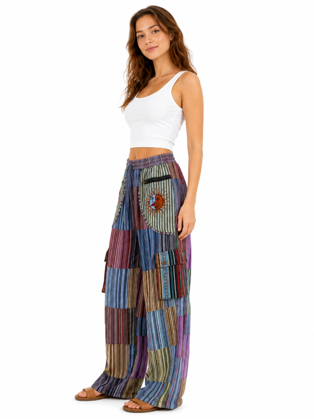 Boho Purple Patchwork Cargo Pants Straight