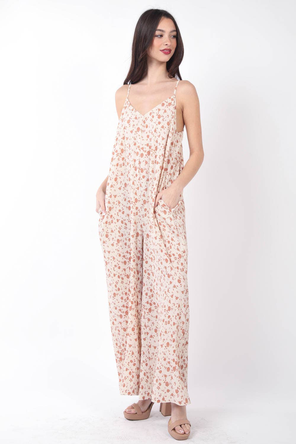 Sleeveless Pleated Wide Leg Jumpsuit w/ Pockets