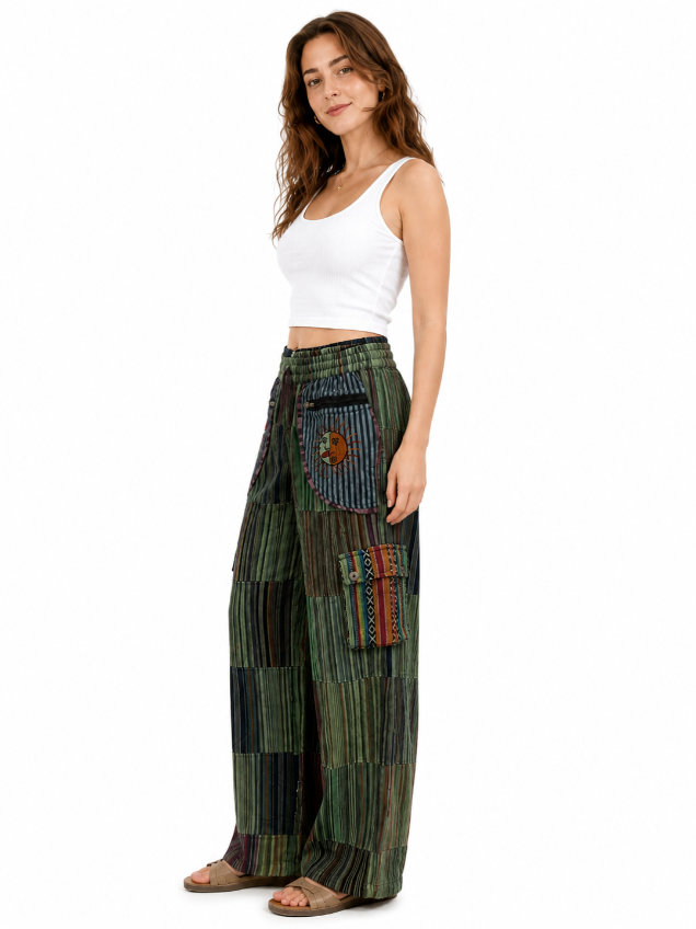 Boho Purple Patchwork Cargo Pants Straight