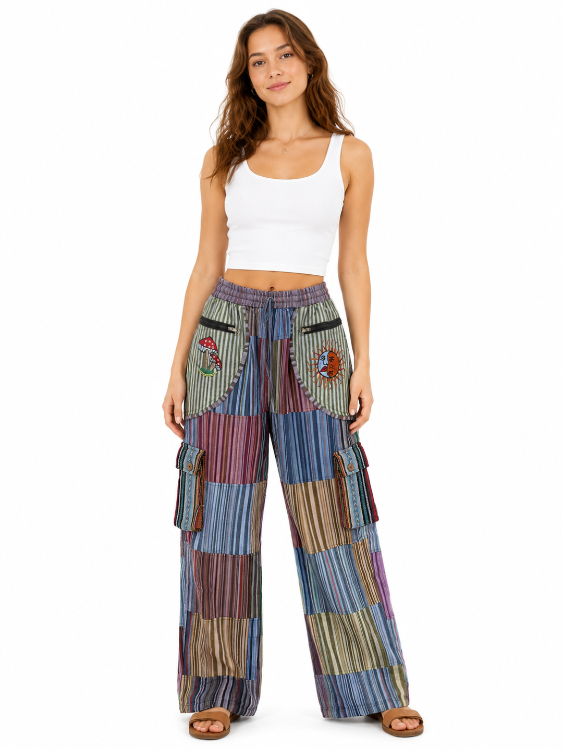 Boho Purple Patchwork Cargo Pants Straight