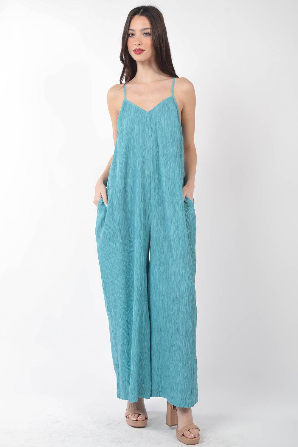 Sleeveless Pleated Wide Leg Jumpsuit w/ Pockets