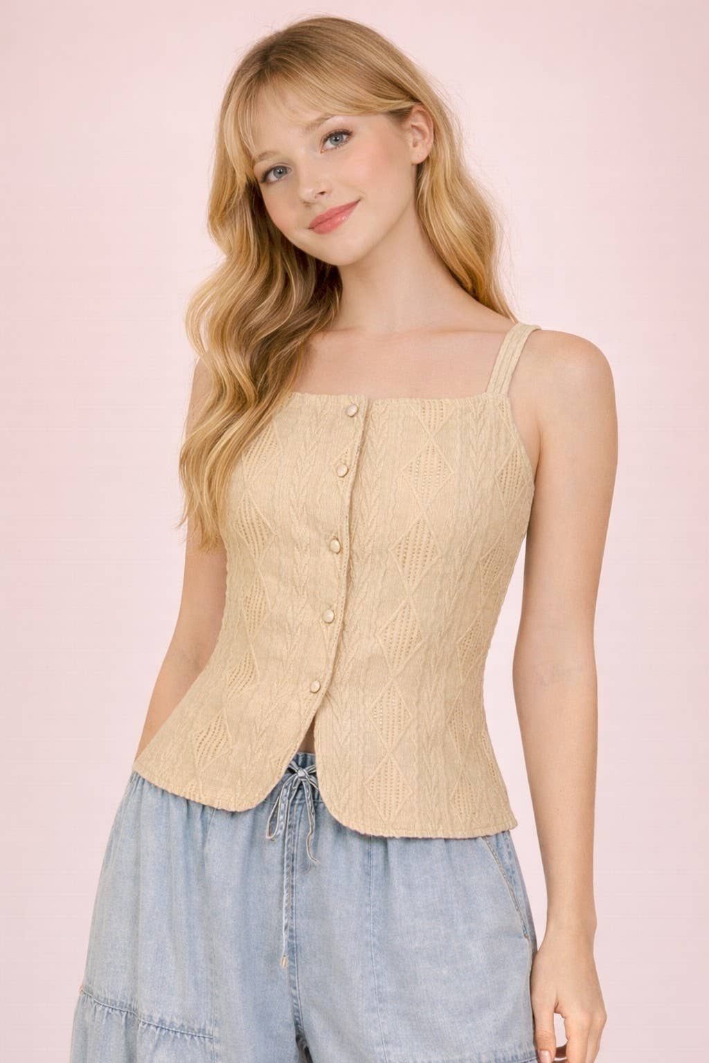 Textured Sleeveless Button Down Top