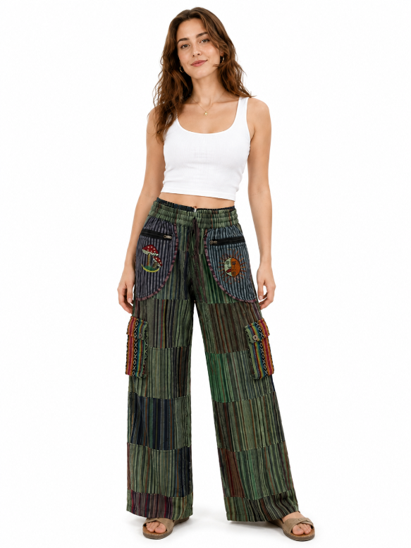 Boho Purple Patchwork Cargo Pants Straight