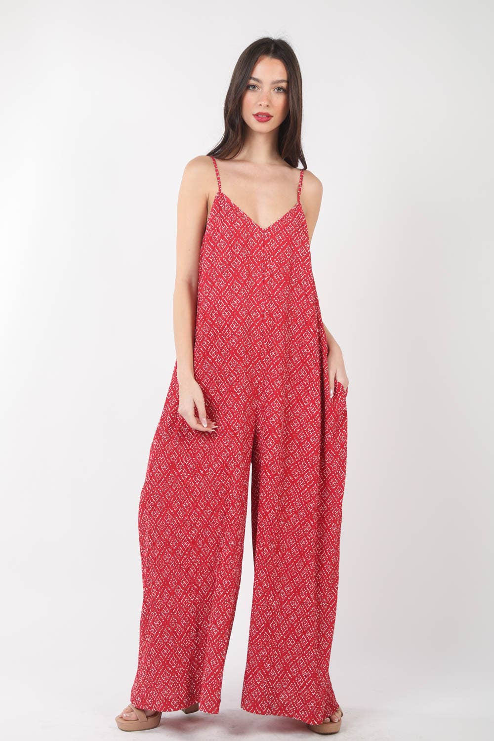 Sleeveless Pleated Wide Leg Jumpsuit w/ Pockets