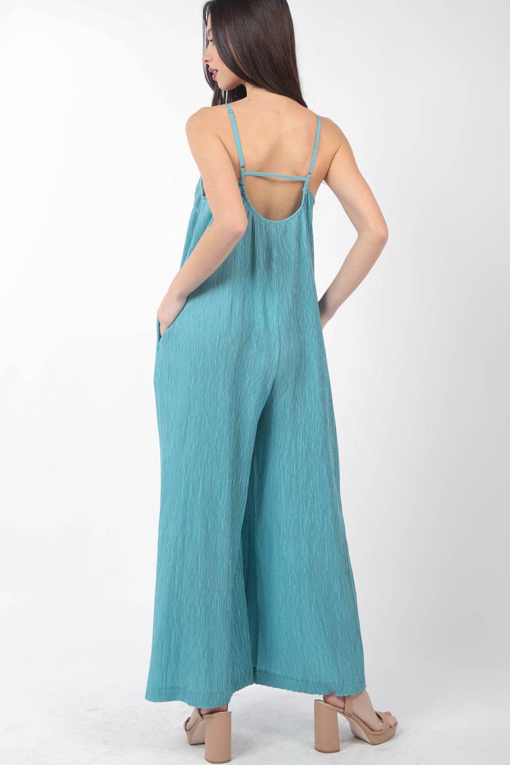 Sleeveless Pleated Wide Leg Jumpsuit w/ Pockets