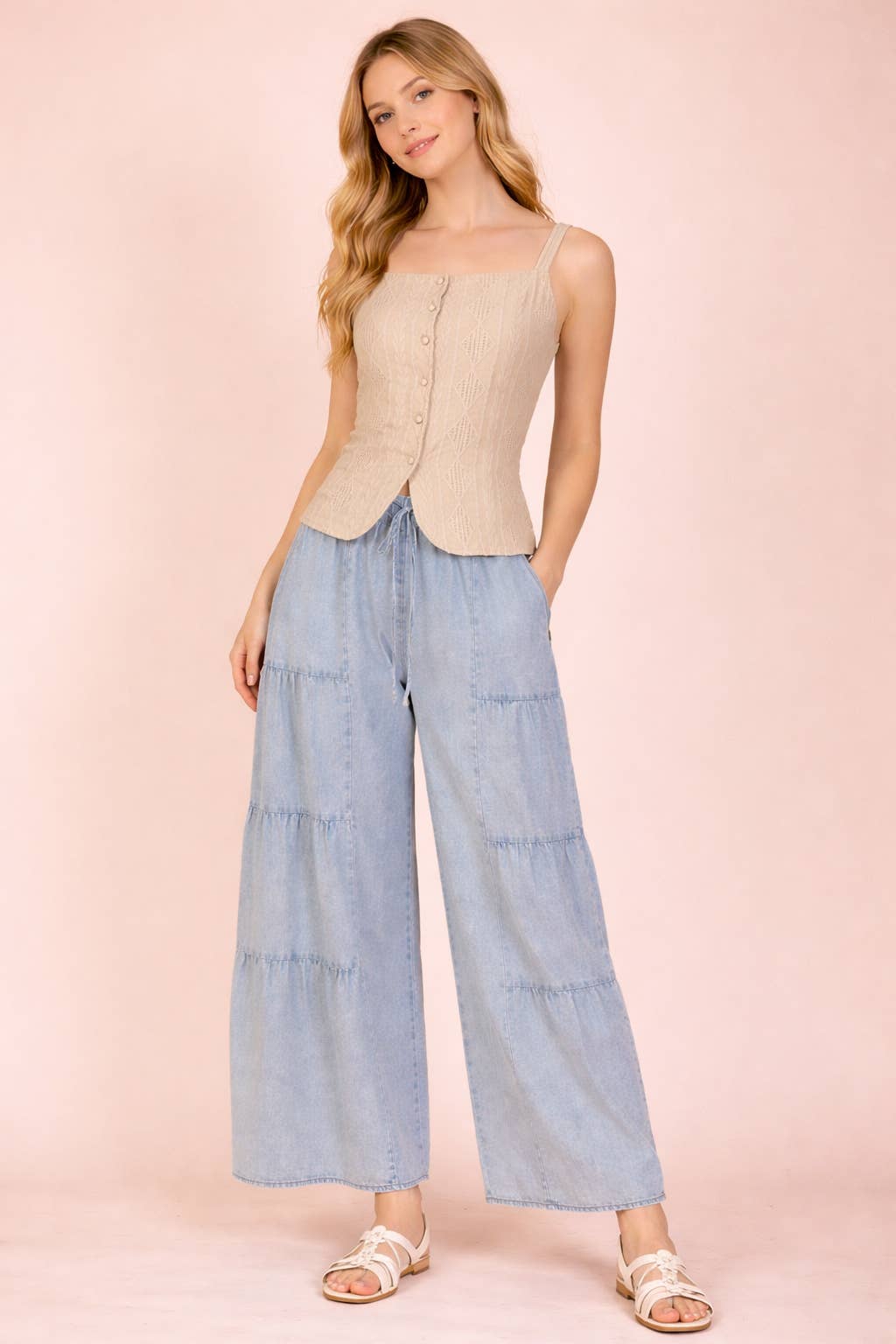 Textured Sleeveless Button Down Top