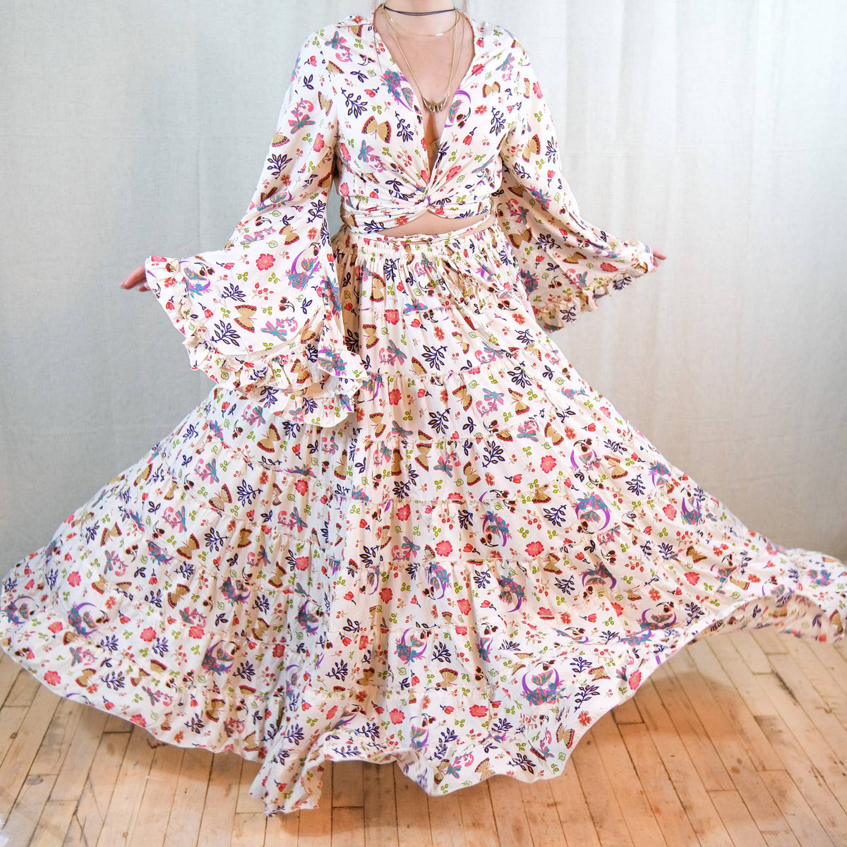 Boho Floral Whimsy  Tiered Maxi Skirt