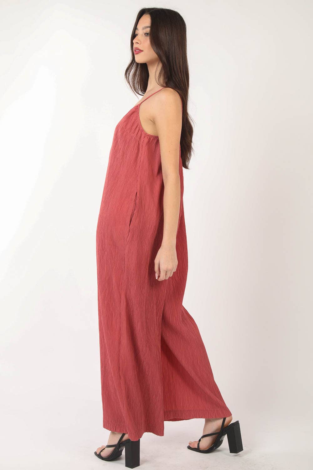 Sleeveless Pleated Wide Leg Jumpsuit w/ Pockets
