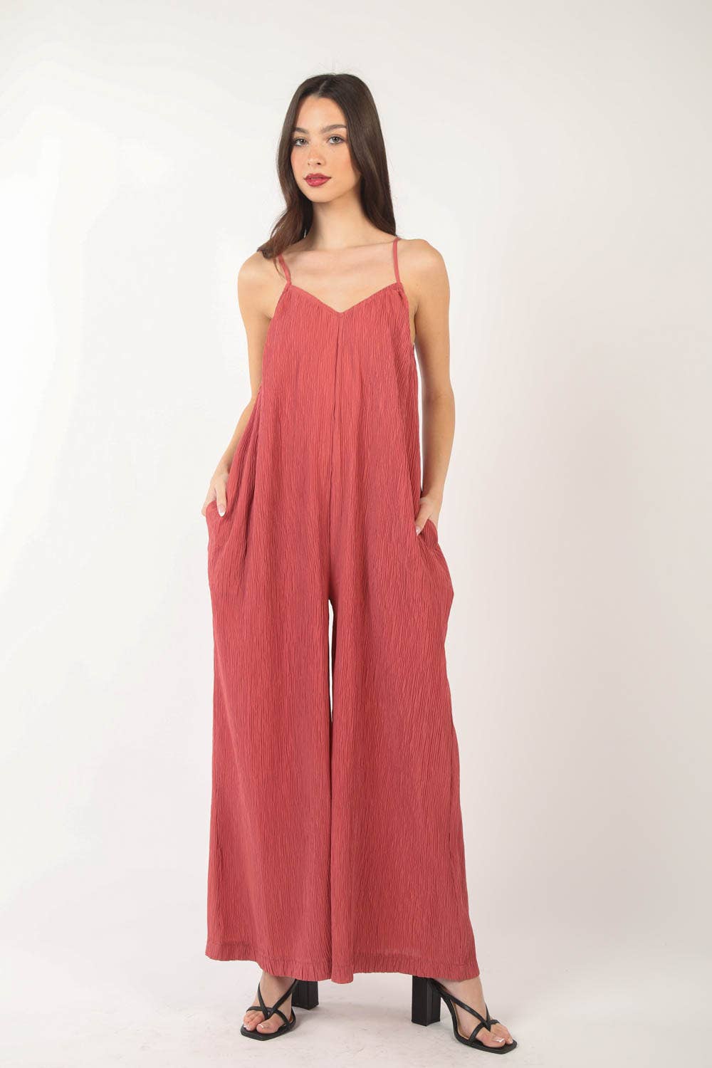 Sleeveless Pleated Wide Leg Jumpsuit w/ Pockets