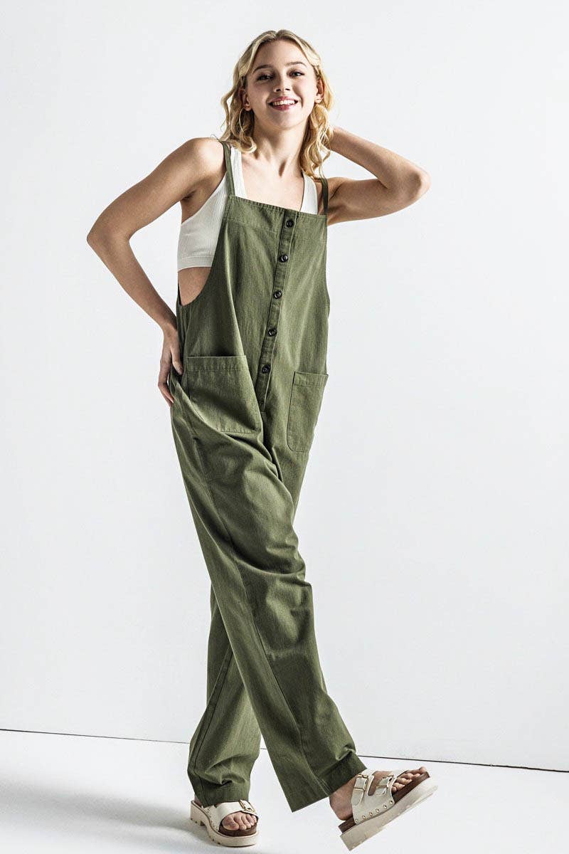 Button-Down Sleeveless Overall Jumpsuit