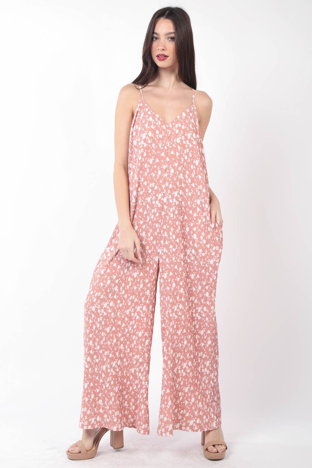 Sleeveless Pleated Wide Leg Jumpsuit w/ Pockets